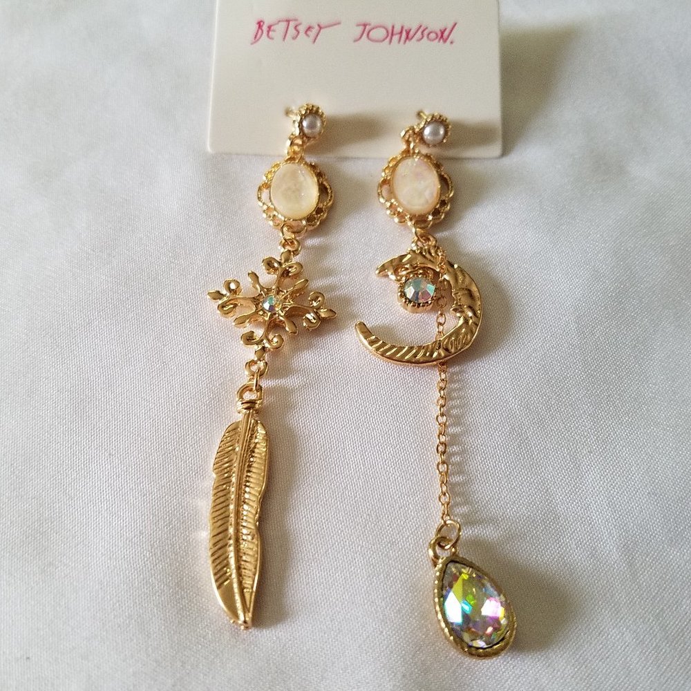 Betsey Johnson Moon-&-Feather Dangle Earrings - NWT